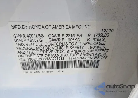 2021 Acura Ilx Standard из США, поврежденный, VIN 19UDE2F33MA003282